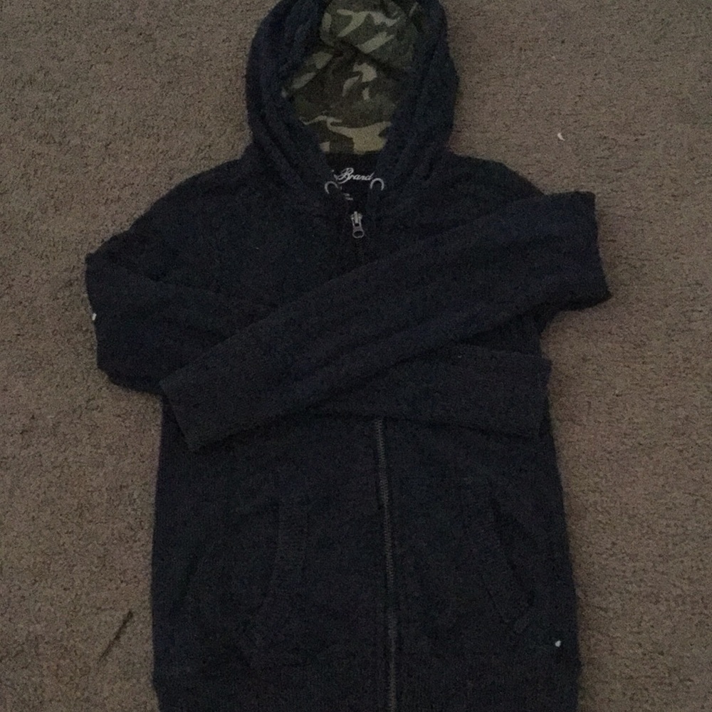 Navy blue zip up jacket with camp hood